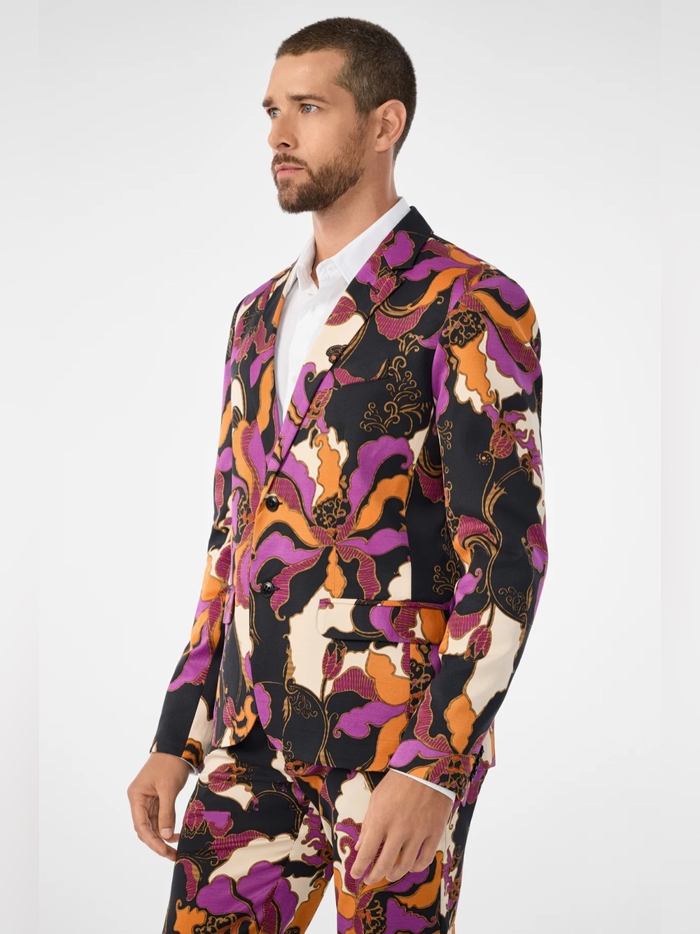 Mr Turk Bold Floral-Print Notch Lapel Blazer in Black, Purple & Orange